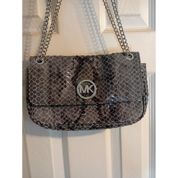 Michael Kors Crossbody Bag Fulton Denim Flap Grey Python Chain Double Handle Exc - Picture 1 of 8
